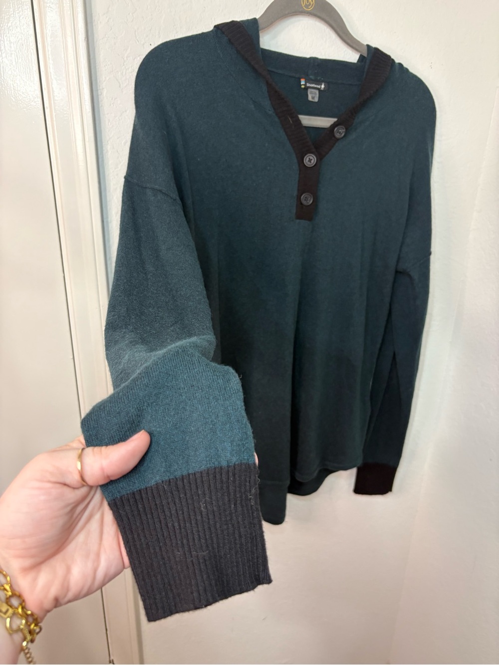 Smartwool Shadow Pine hoodie sweater with button henley neckline green size M - Picture 5 of 15